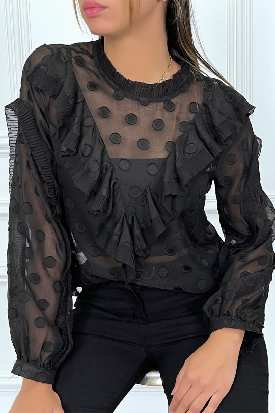 Blouse blanche à volant et pois col claudine Blouse blanche à volant et pois col claudine