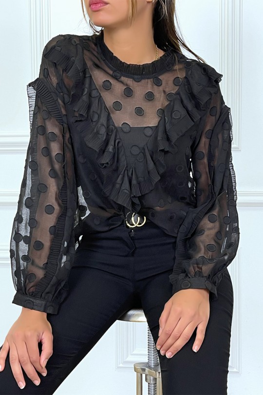 Blouse blanche à volant et pois col claudine Blouse blanche à volant et pois col claudine