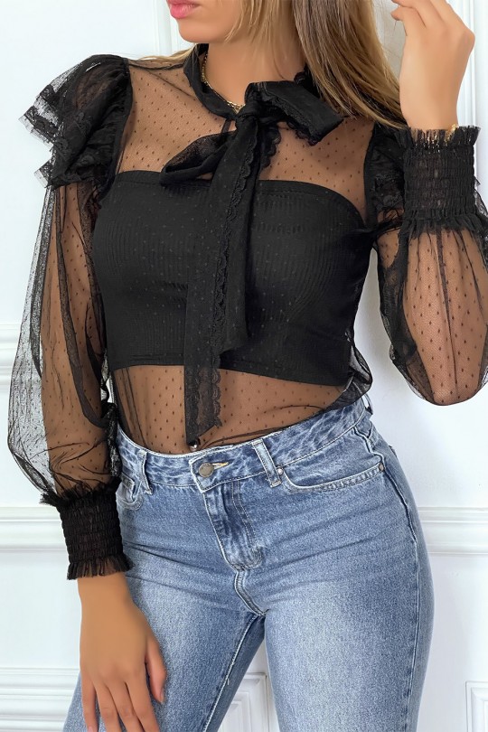 Blouse noire en tulle transparente, motif plumetis Blouse noire en tulle transparente, motif plumetis
