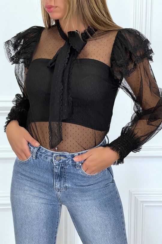 Blouse noire en tulle transparente, motif plumetis Blouse noire en tulle transparente, motif plumetis