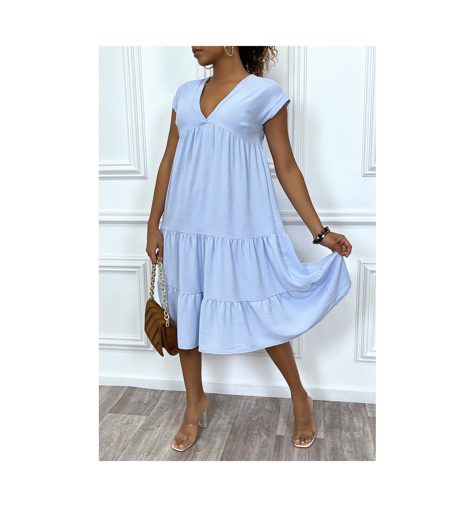 Robe fluide turquoise mi-longue col V