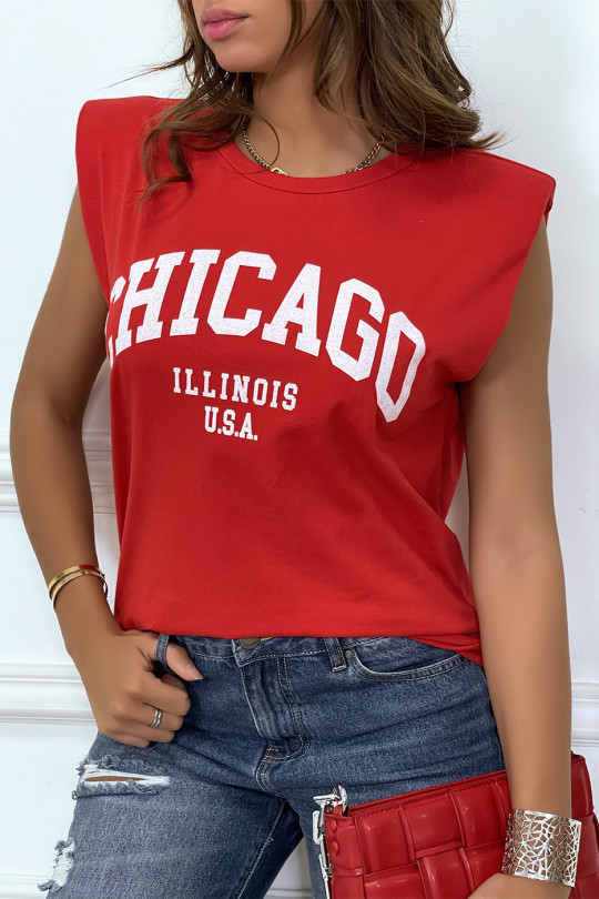 Rood t-shirt met epauletten en CHICAGO-tekst op de voorkant. Goedkope  damesmode