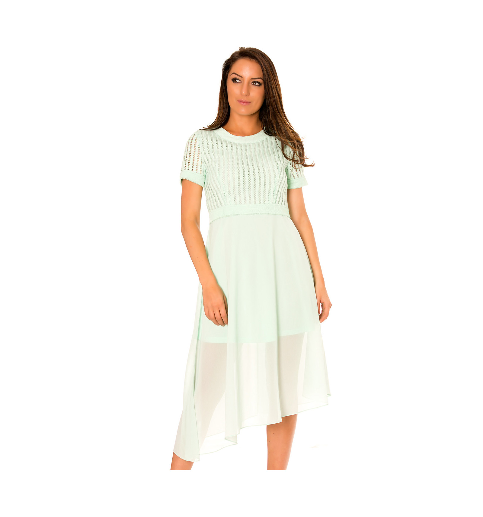 Robe vert d'eau asymétrique et bi matière. Haut à trou et ...