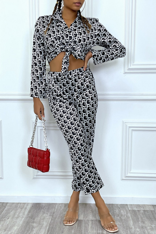 Ensemble pantalon cosy satinée camel à imprimé inspiration marque de luxe Ensemble pantalon cosy satinée camel à imprimé inspiration marque de luxe