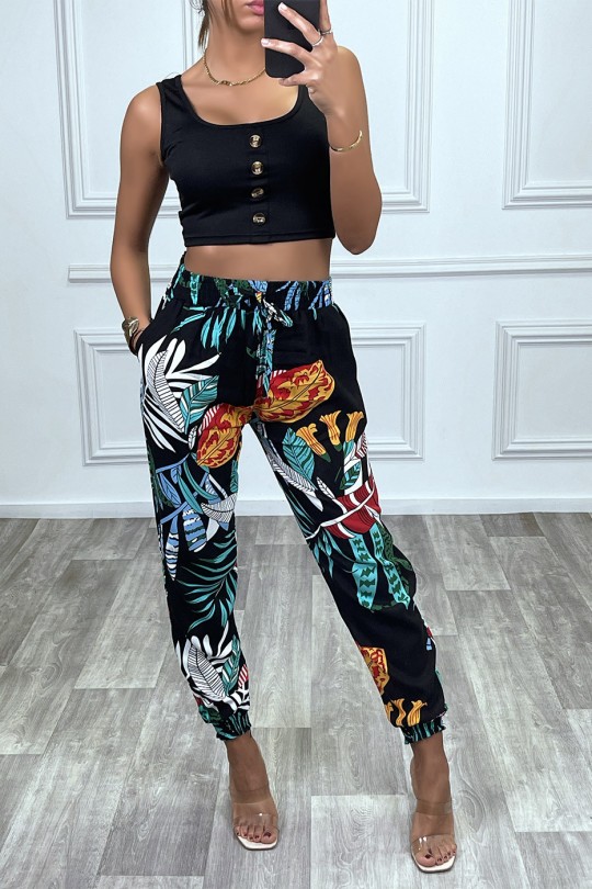 Pantalon noir motif feuilles en coton avec poches Pantalon noir motif feuilles en coton avec poches
