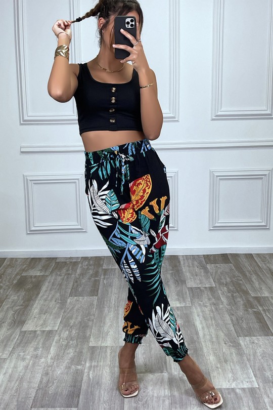 Pantalon noir motif feuilles en coton avec poches Pantalon noir motif feuilles en coton avec poches