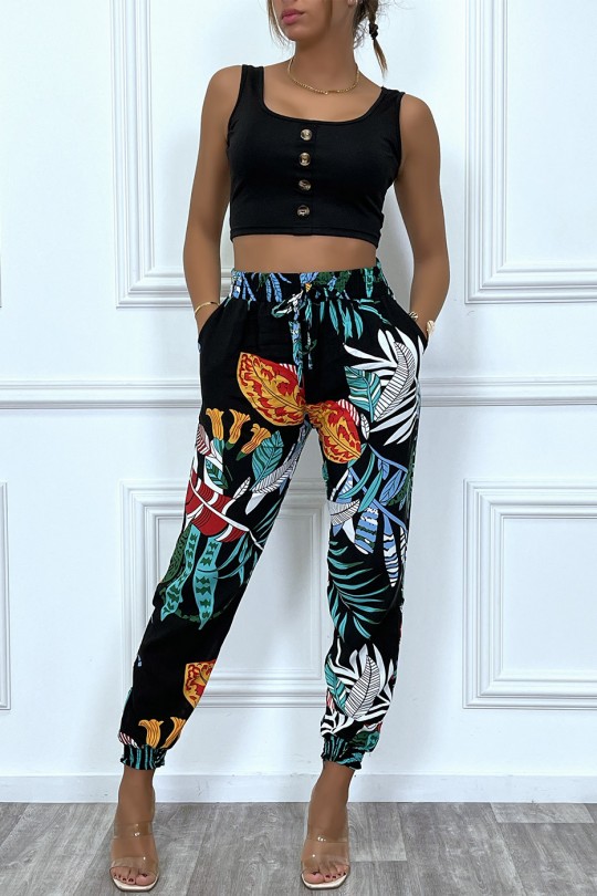 Pantalon noir motif feuilles en coton avec poches Pantalon noir motif feuilles en coton avec poches