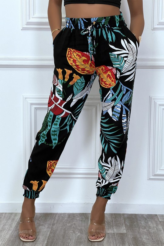 Pantalon noir motif feuilles en coton avec poches Pantalon noir motif feuilles en coton avec poches