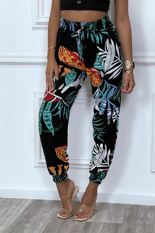 Pantalon noir motif feuilles en coton avec poches Pantalon noir motif feuilles en coton avec poches