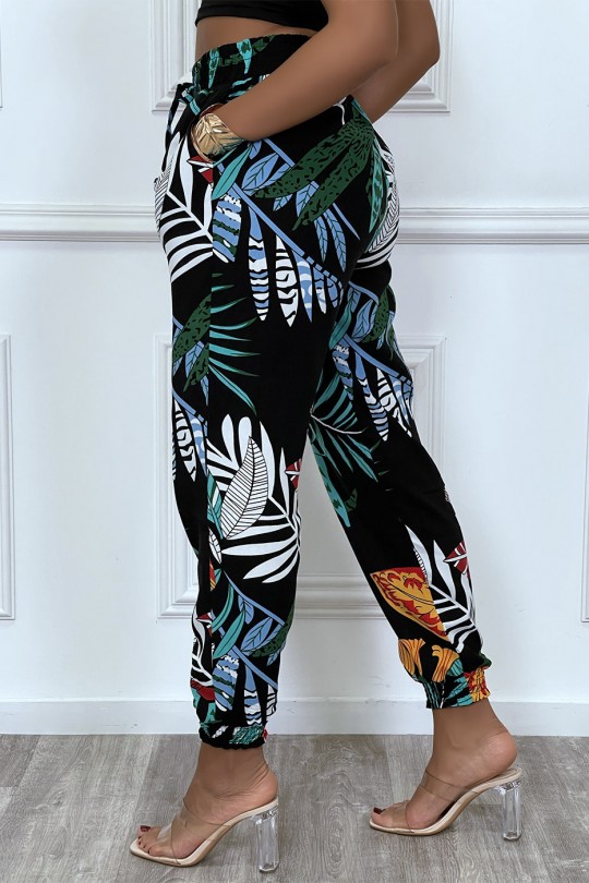 Pantalon noir motif feuilles en coton avec poches Pantalon noir motif feuilles en coton avec poches