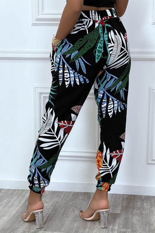 Pantalon noir motif feuilles en coton avec poches Pantalon noir motif feuilles en coton avec poches