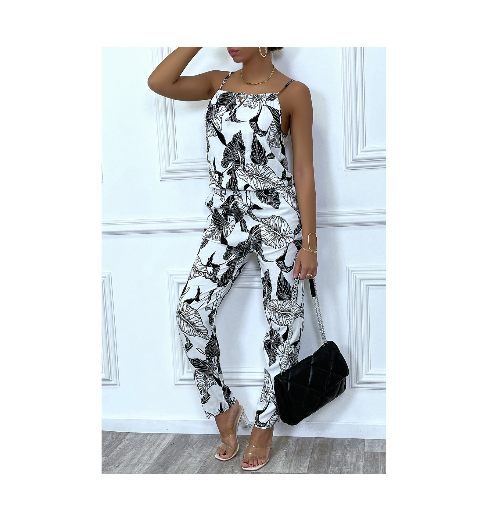Combinaison pantalon blanche à motif feuilles noir
