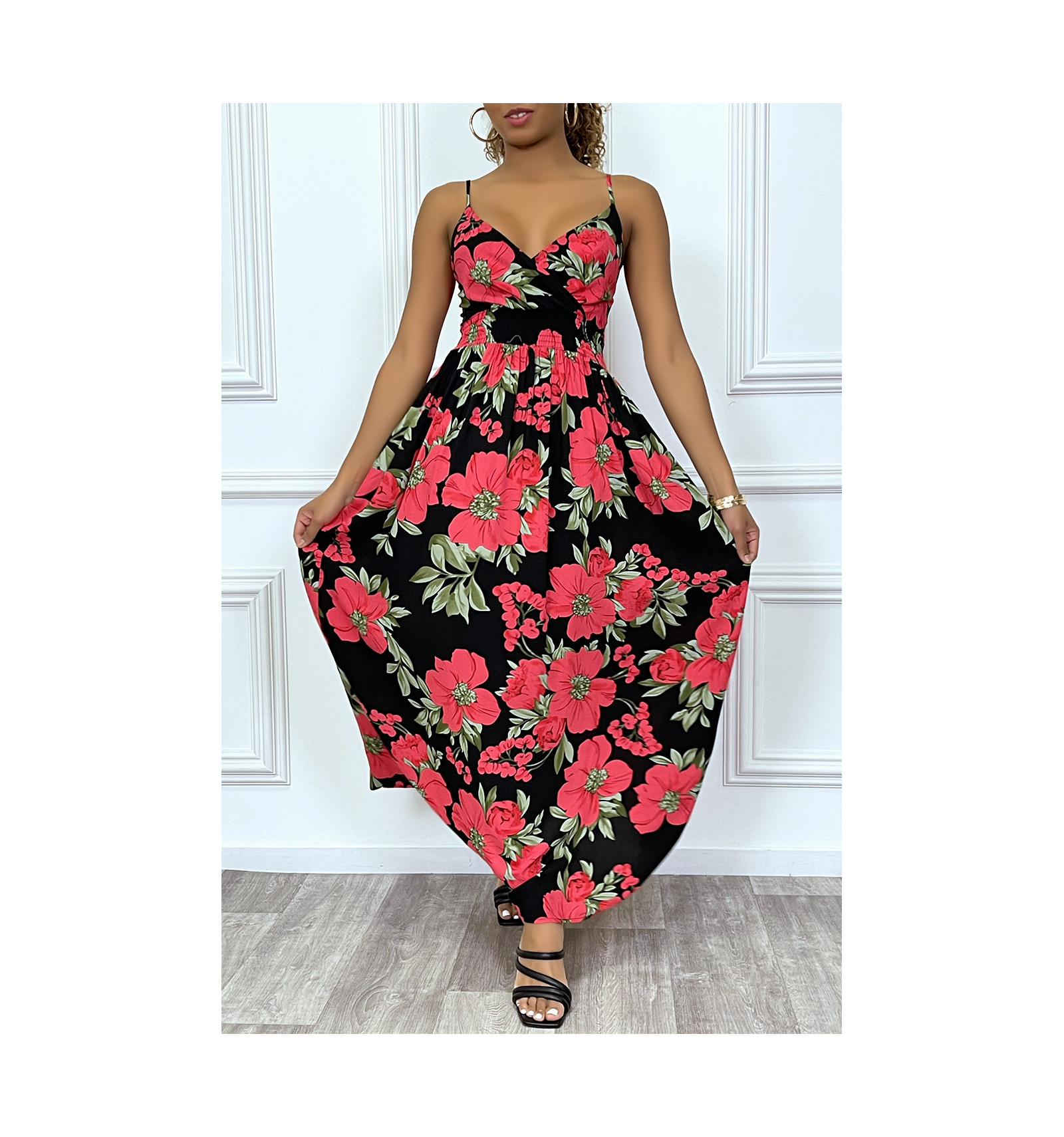 Long Black Floral Summer Dress With Neckline And Thin Straps