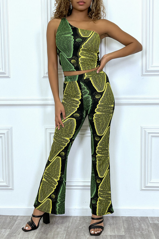 Zwarte flared broek met gele en groene waxprint