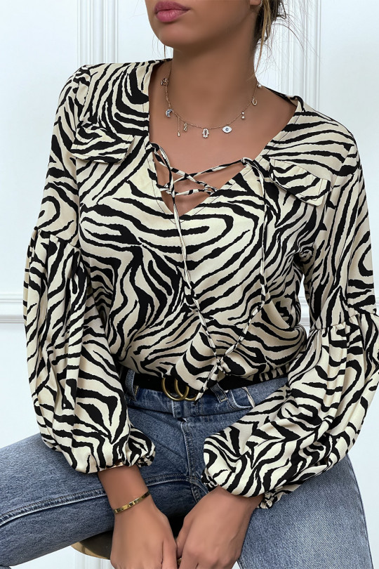 Blouse beige imprimés zébré à manches longues bouffantes Blouse beige imprimés zébré à manches longues bouffantes