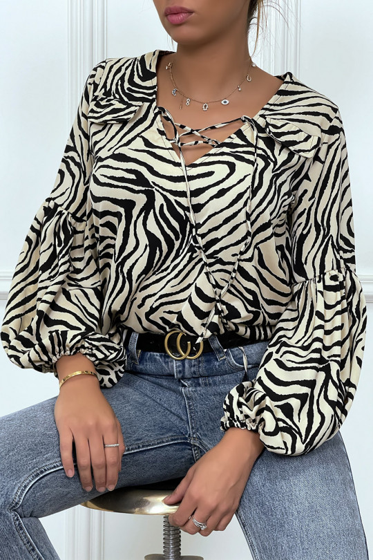 Blouse beige imprimés zébré à manches longues bouffantes Blouse beige imprimés zébré à manches longues bouffantes