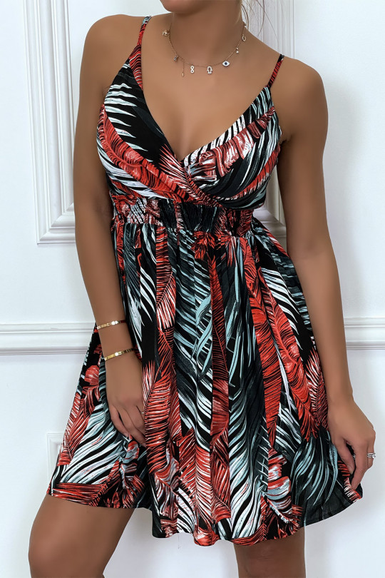 Robe courte imprimés feuilles noire et rouge, avec bretelles Robe courte imprimés feuilles noire et rouge, avec bretelles