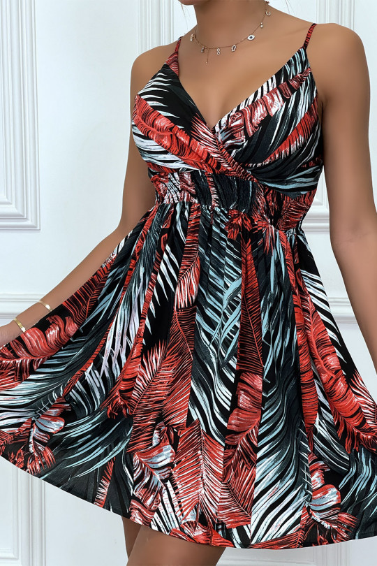 Robe courte imprimés feuilles noire et rouge, avec bretelles Robe courte imprimés feuilles noire et rouge, avec bretelles