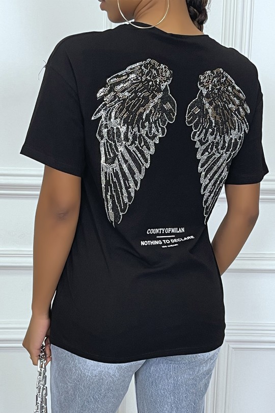 Tee-shirt noir oversize avec écriture et dessins en strass Tee-shirt noir oversize avec écriture et dessins en strass