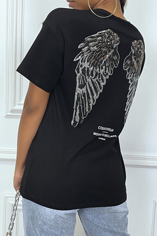 Tee-shirt noir oversize avec écriture et dessins en strass Tee-shirt noir oversize avec écriture et dessins en strass