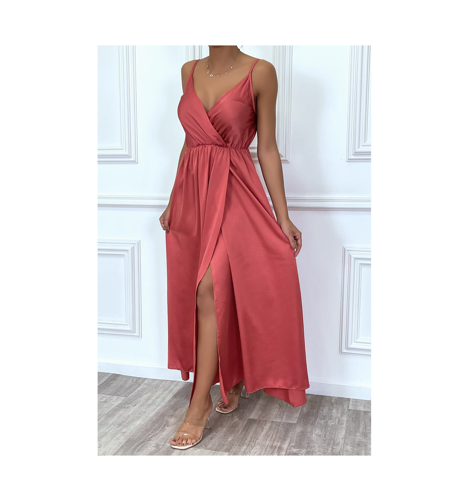 Robe Sans Bretelles Col en Cœur avec Fente Rose Bonbon - Main Image