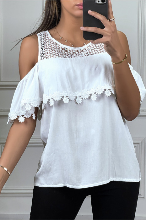Haut Topshop Blanc à Motifs Floraux - Épaules Dénudées - Taille Très Ample (correspond à 10-12) - Occasion Très Bon état