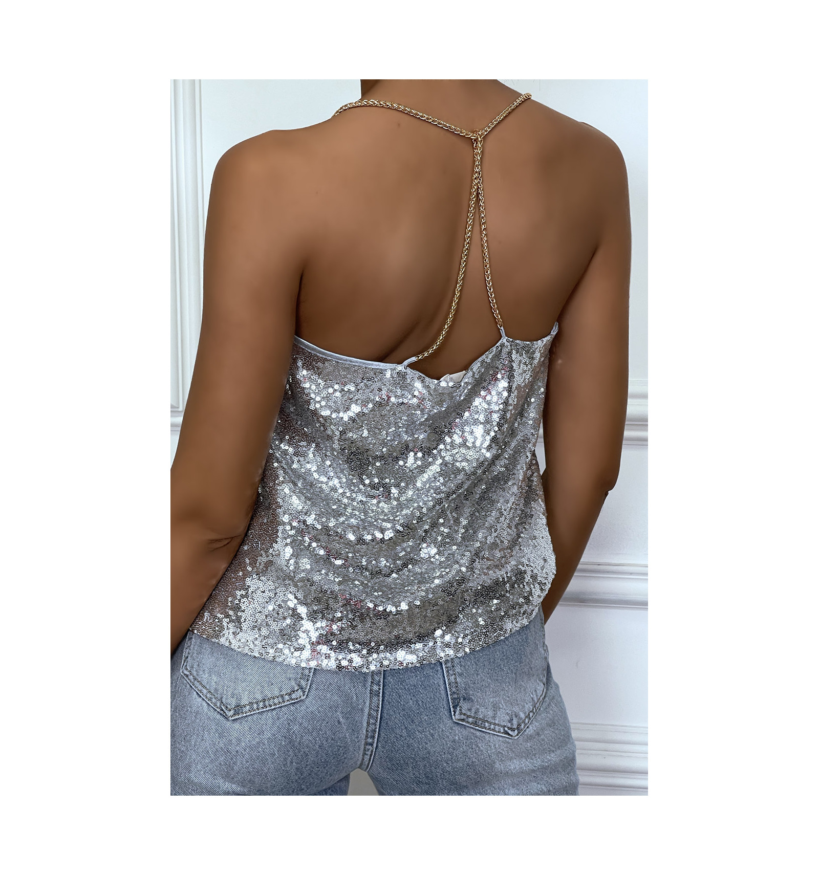 Haut à Paillettes Femme Bretelles Spaghetti, Dos Ouvert, Col V Taille  S/M/L