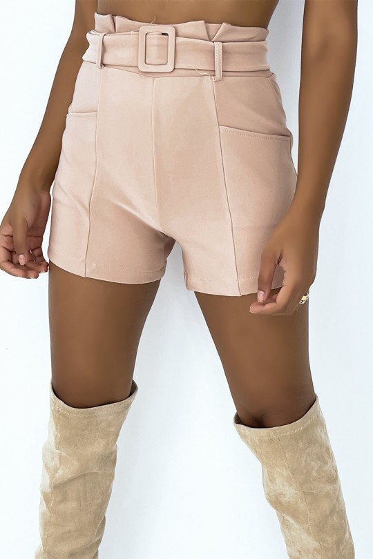 Short classique de matière stretch noir taille haute et ceinturé Short classique de matière stretch noir taille haute et ceinturé