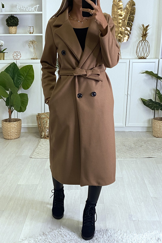 Long manteau croisé en rose avec poches boutons et ceinture Long manteau croisé en rose avec poches boutons et ceinture