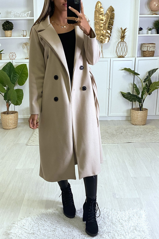 Long manteau croisé en rose avec poches boutons et ceinture Long manteau croisé en rose avec poches boutons et ceinture