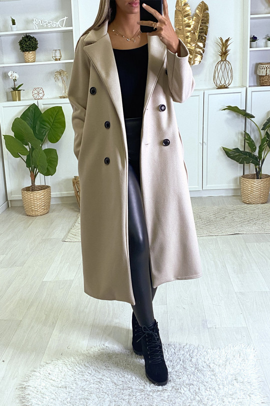Long manteau croisé en rose avec poches boutons et ceinture Long manteau croisé en rose avec poches boutons et ceinture