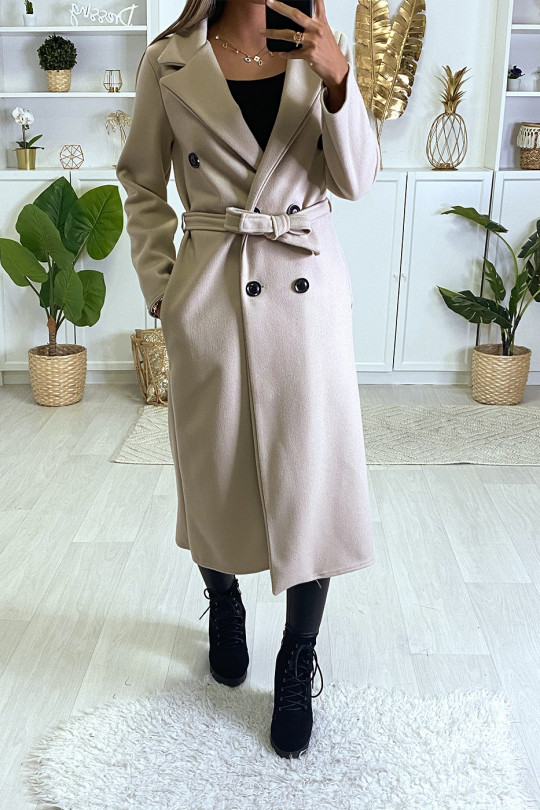 Long manteau croisé en rose avec poches boutons et ceinture Long manteau croisé en rose avec poches boutons et ceinture