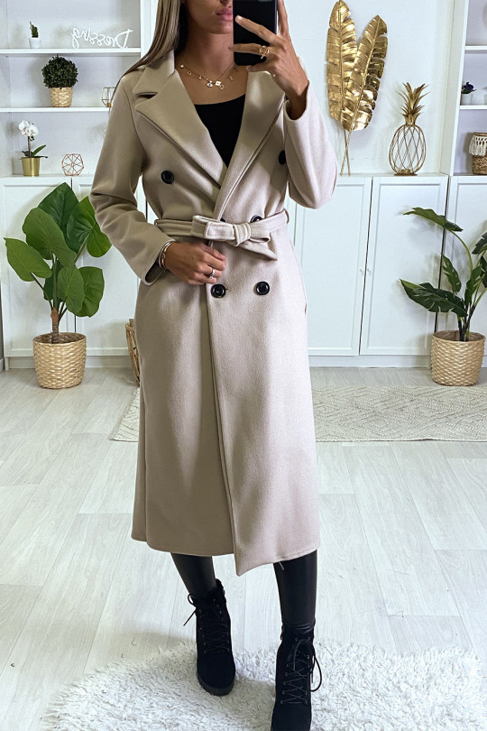 Long manteau croisé en rose avec poches boutons et ceinture Long manteau croisé en rose avec poches boutons et ceinture