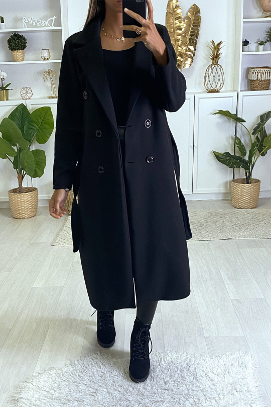 Long manteau croisé en rose avec poches boutons et ceinture Long manteau croisé en rose avec poches boutons et ceinture