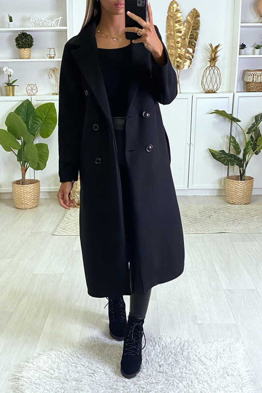 Long manteau croisé en rose avec poches boutons et ceinture Long manteau croisé en rose avec poches boutons et ceinture