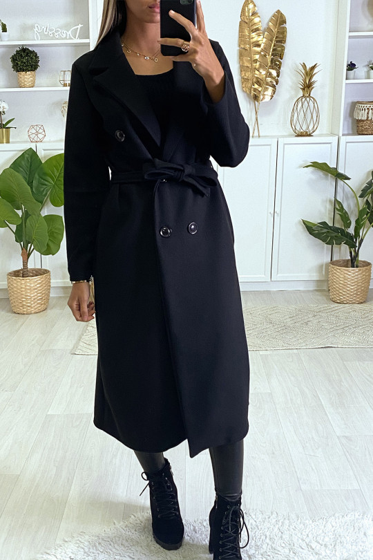 Long manteau croisé en rose avec poches boutons et ceinture Long manteau croisé en rose avec poches boutons et ceinture