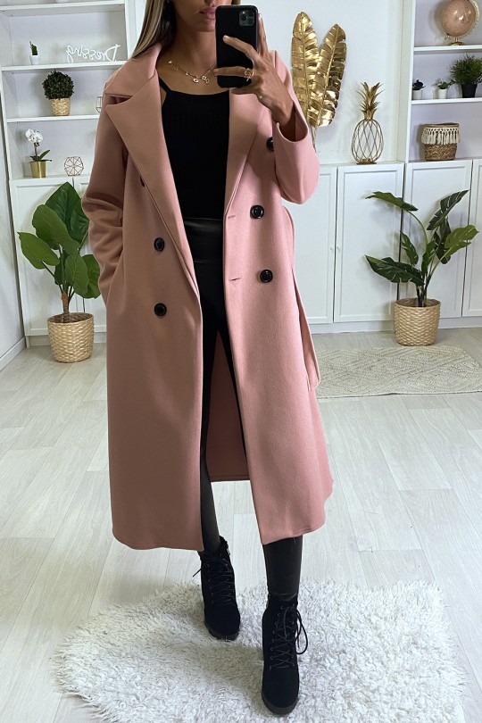 Long manteau croisé en rose avec poches boutons et ceinture Long manteau croisé en rose avec poches boutons et ceinture