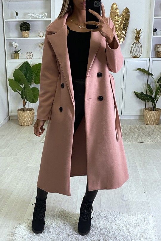 Long manteau croisé en rose avec poches boutons et ceinture Long manteau croisé en rose avec poches boutons et ceinture