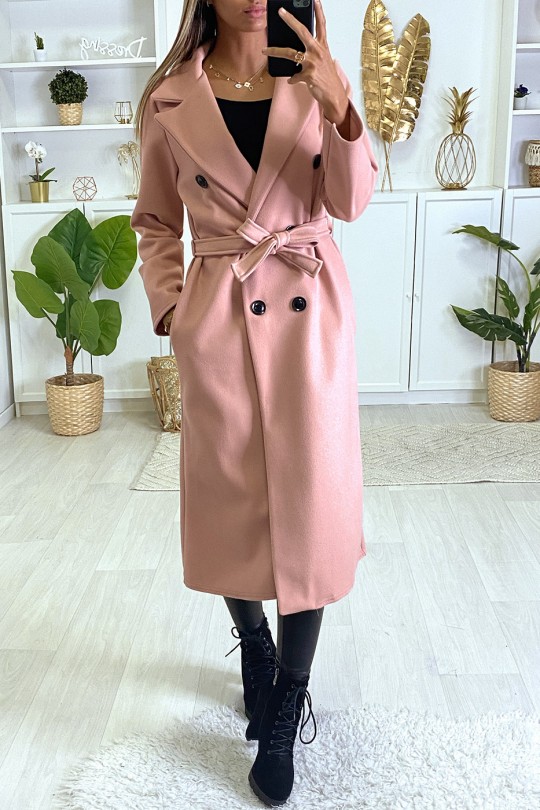 Long manteau croisé en rose avec poches boutons et ceinture Long manteau croisé en rose avec poches boutons et ceinture