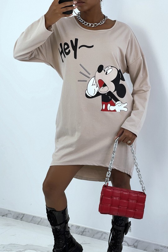Robe tunique beige avec poches et dessin à l'avant Robe tunique beige avec poches et dessin à l'avant