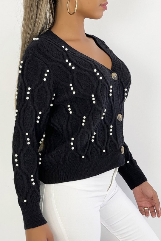 Gilet court nude col V à boutons et perles avec jeu de relief doux et chaud Gilet court nude col V à boutons et perles avec jeu de relief doux et chaud