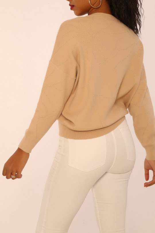 Pull beige effet bouffant à coupe classique et motifs brillants Pull beige effet bouffant à coupe classique et motifs brillants