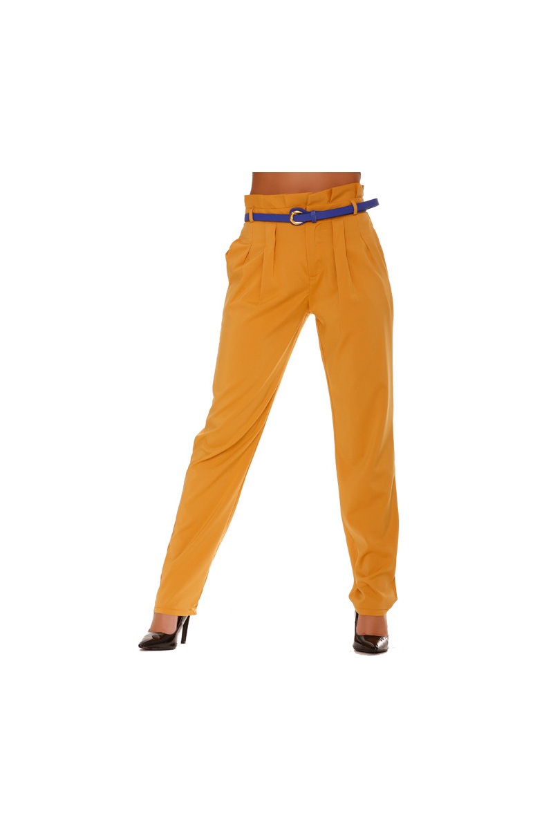 Pantalon Moutarde Fluide coupe Carotte. Taille Haute. Pantalon Femme.  BS20208
