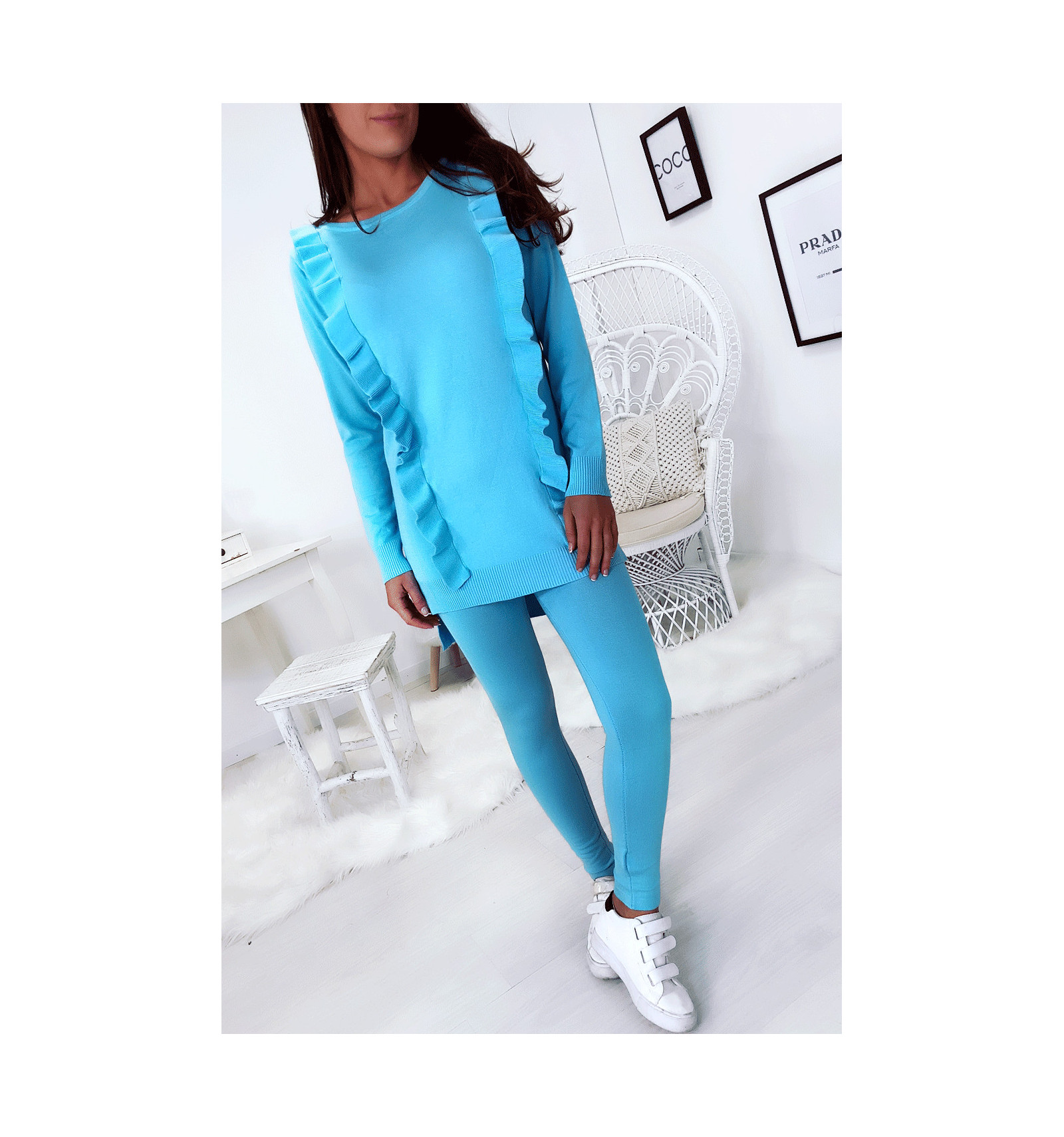 Ensemble Tunique A Volant Et Leggings Turquoise Mode Femme 105