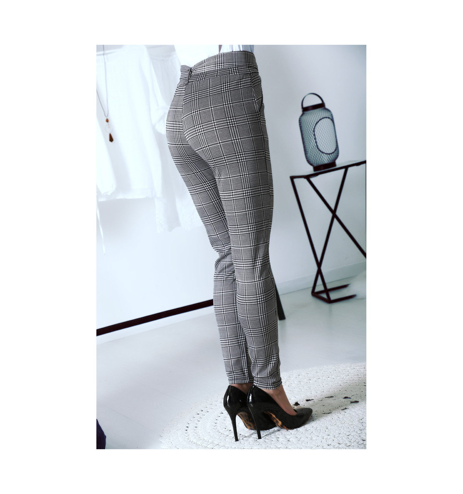 Pantalon taille haute à motif pied de poule et jolie ...