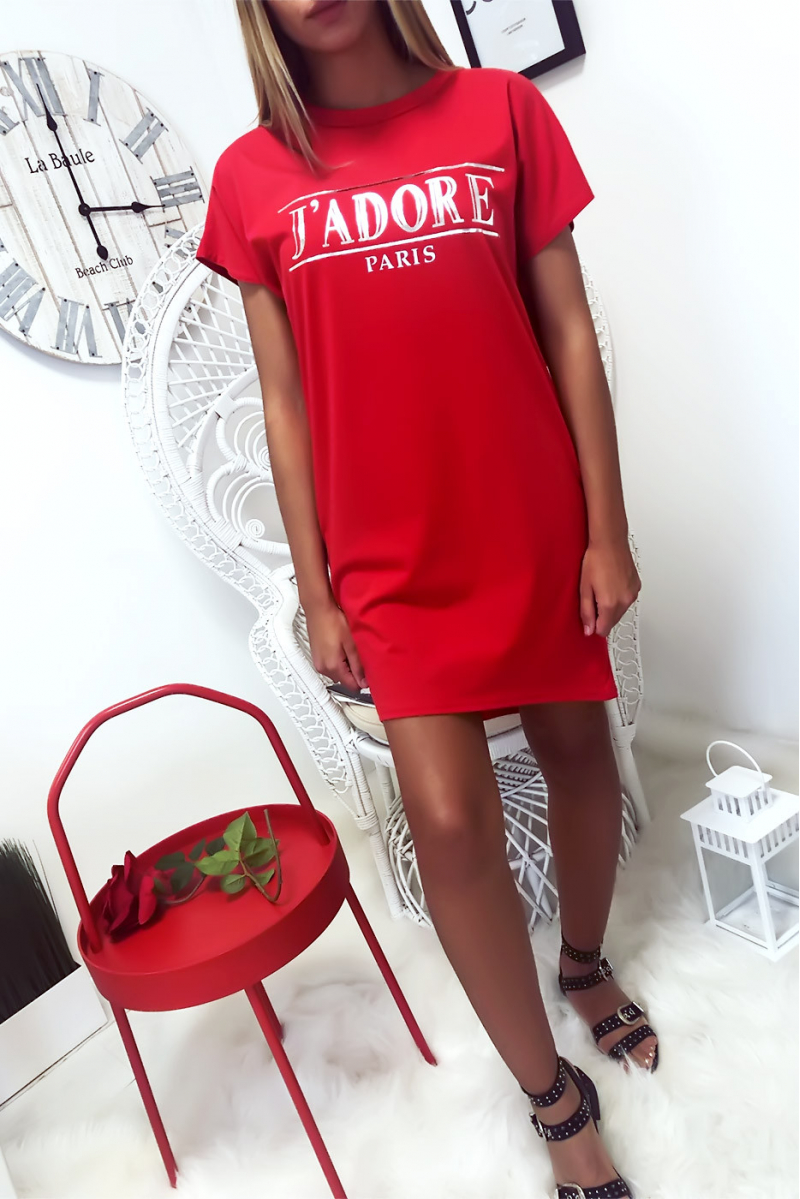 Robe T-shirt Rouge avec écriture J'adore et poche,. Robe tunique très agréable à porter Robe T-shirt Rouge avec écriture J'adore et poche,. Robe tunique très agréable à porter