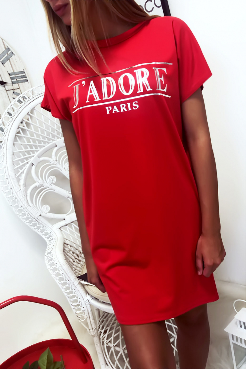 Robe T-shirt Rouge avec écriture J'adore et poche,. Robe tunique très agréable à porter Robe T-shirt Rouge avec écriture J'adore et poche,. Robe tunique très agréable à porter