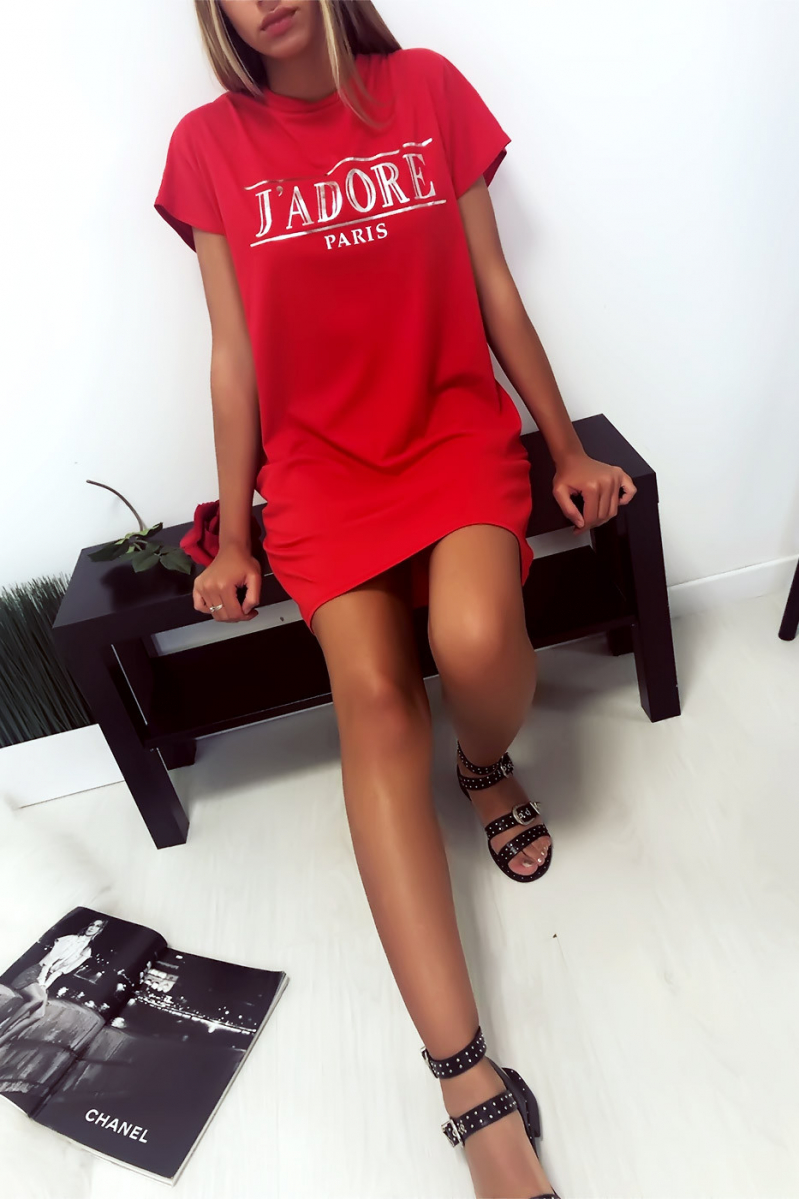 Robe T-shirt Rouge avec écriture J'adore et poche,. Robe tunique très agréable à porter Robe T-shirt Rouge avec écriture J'adore et poche,. Robe tunique très agréable à porter