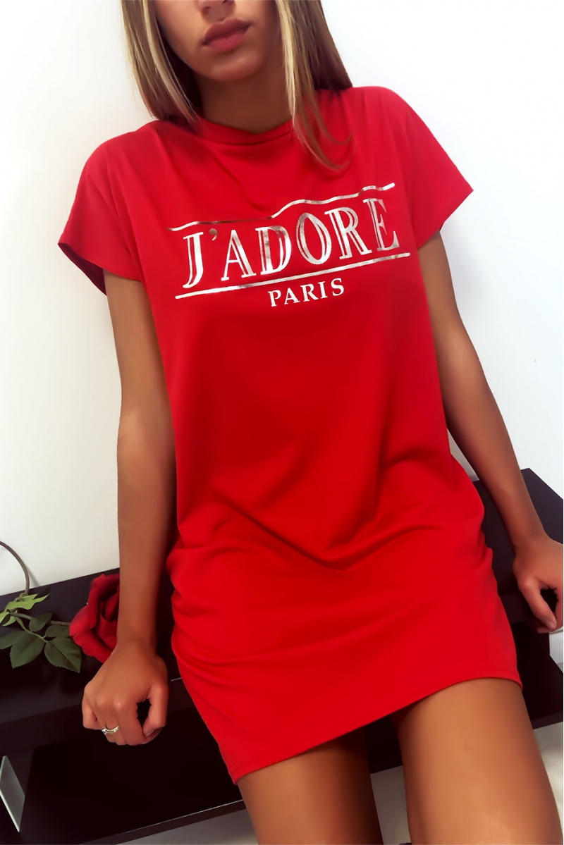 Robe T-shirt Rouge avec écriture J'adore et poche,. Robe tunique très agréable à porter Robe T-shirt Rouge avec écriture J'adore et poche,. Robe tunique très agréable à porter