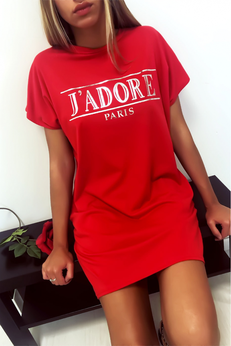 Robe T-shirt Rouge avec écriture J'adore et poche,. Robe tunique très agréable à porter Robe T-shirt Rouge avec écriture J'adore et poche,. Robe tunique très agréable à porter